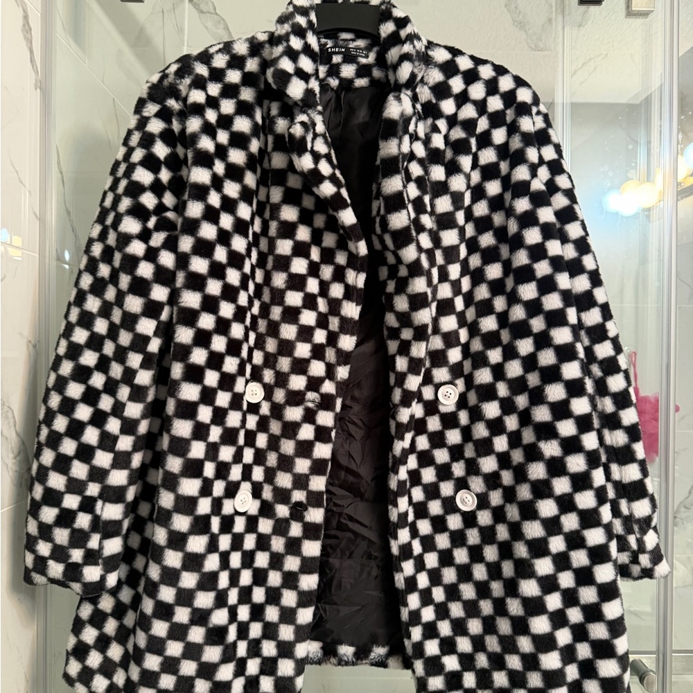 Zara Black and White Checkered Teddy Jacket